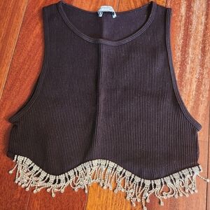 Zara Black Ribbed Sleeveless Shirt Size Xs Rhinestones Fringe Bling